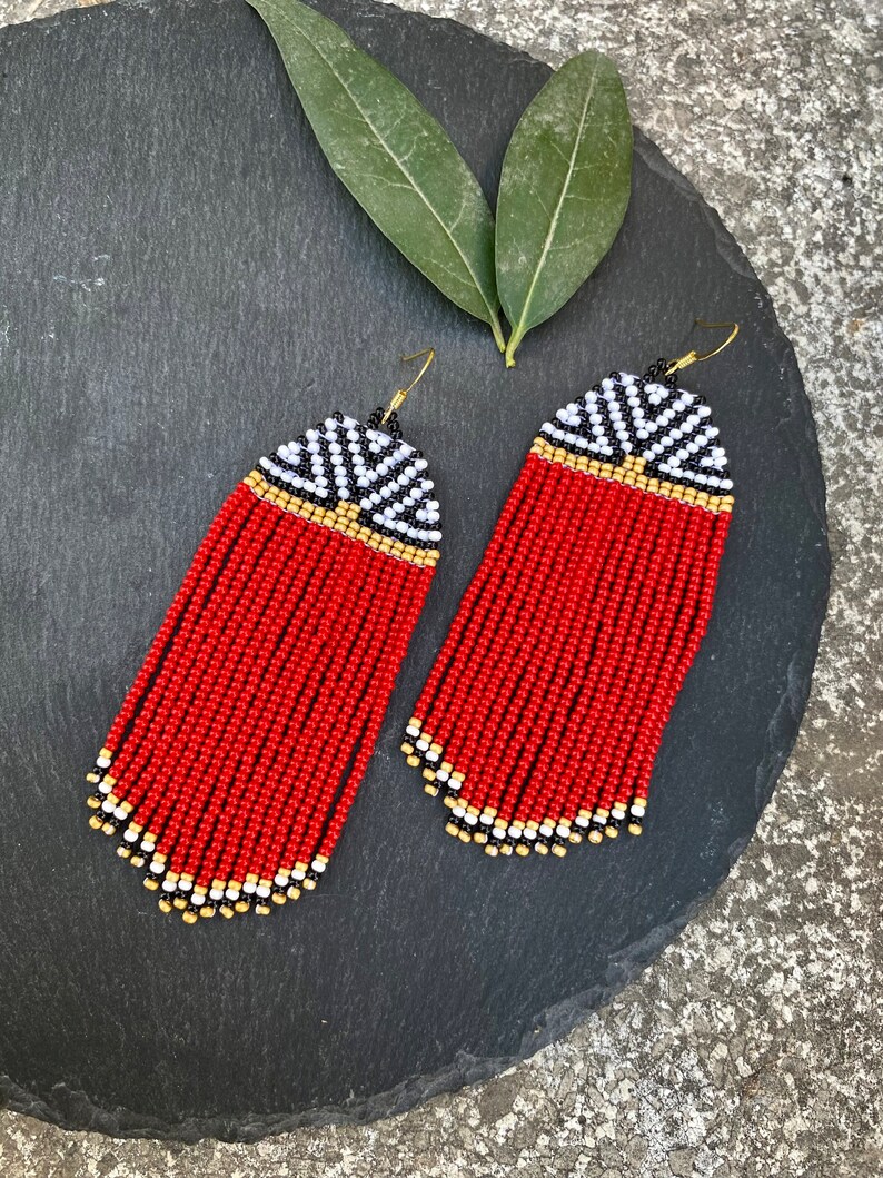 Long Red Beaded Fringe Earrings Seed Bead Earrings Dangle Etsy