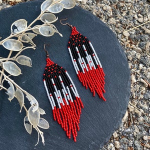 Long red and black beaded earrings, fringe earrings, piano earrings, seed bead earrings, dangle boho earrings, chandelier earrings image 2