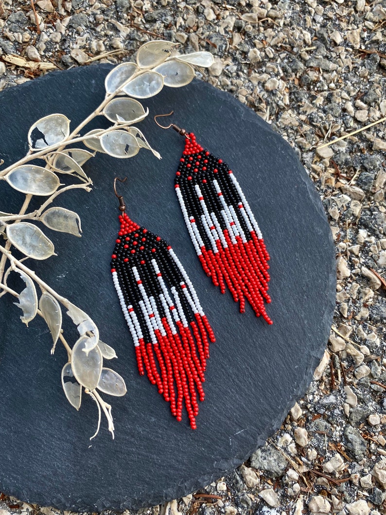 Long red and black beaded earrings, fringe earrings, piano earrings, seed bead earrings, dangle boho earrings, chandelier earrings image 2