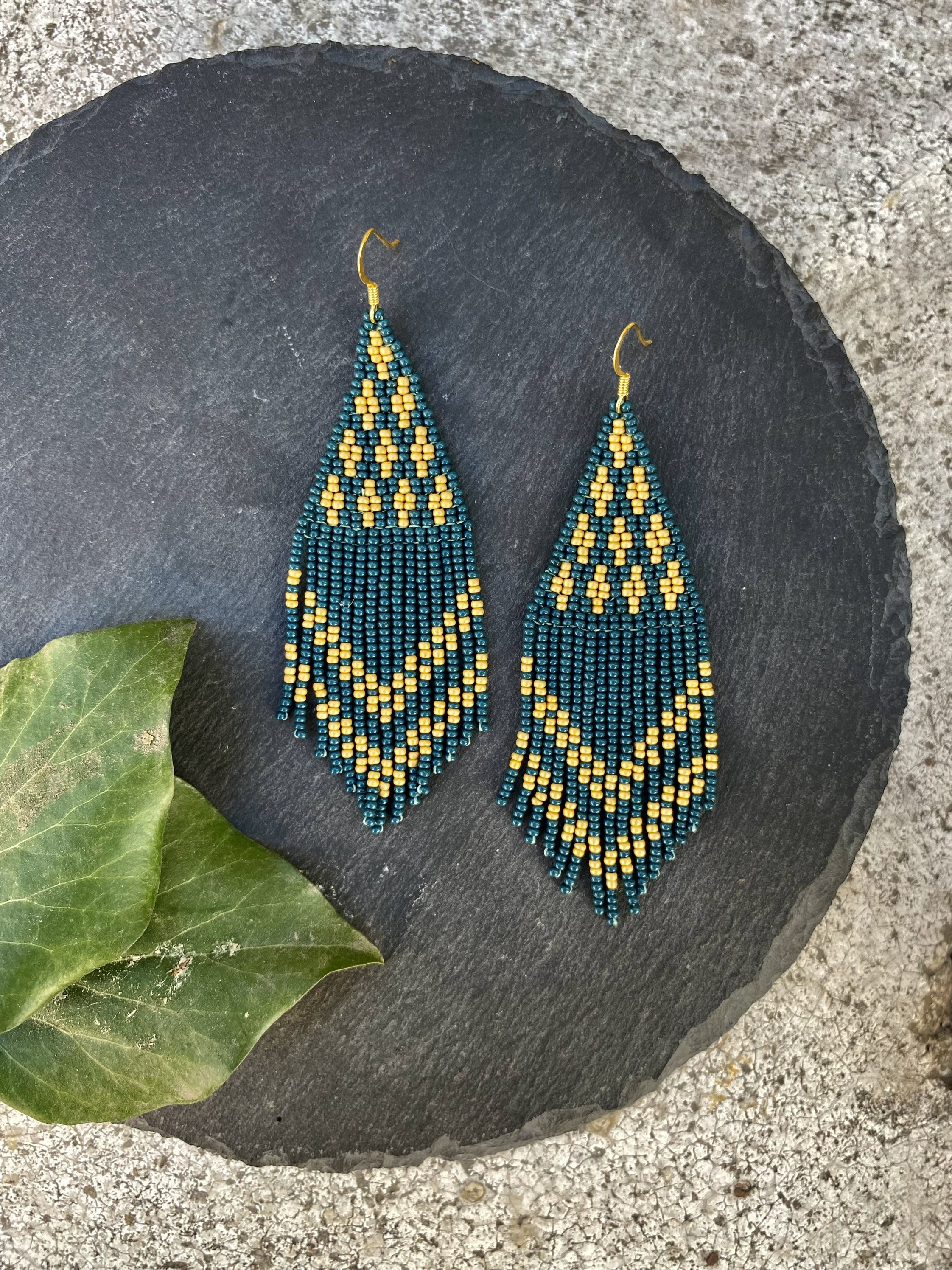 Seaweed Green Gold Beaded Fringe Earrings, Seed Bead Earrings Dangle ...