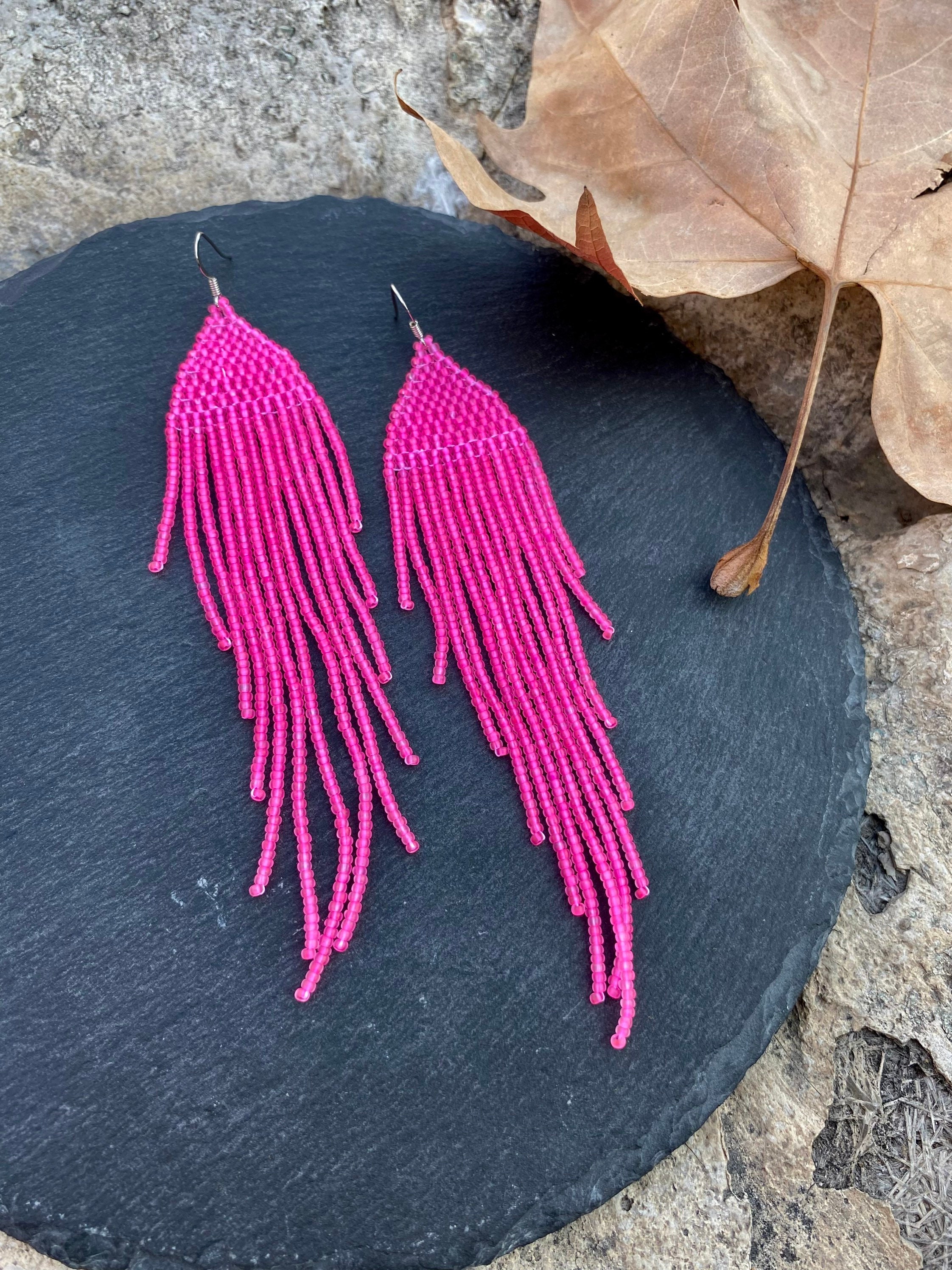 Neon Pink Extra Long Earrings, Beaded Fringe Earrings,shoulder Duster ...