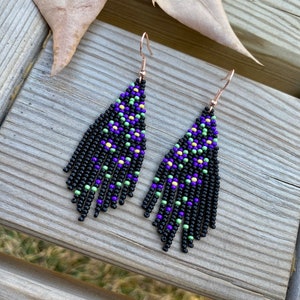 Small black floral beaded fringe earrings seed bead earrings dangle boho earrings chandelier earrings native bead earrings colorful