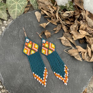 Dark green orange beaded earrings, geometric fringe earrings, boho earrings, statement earrings, native beaded earrings, seed bead earrings
