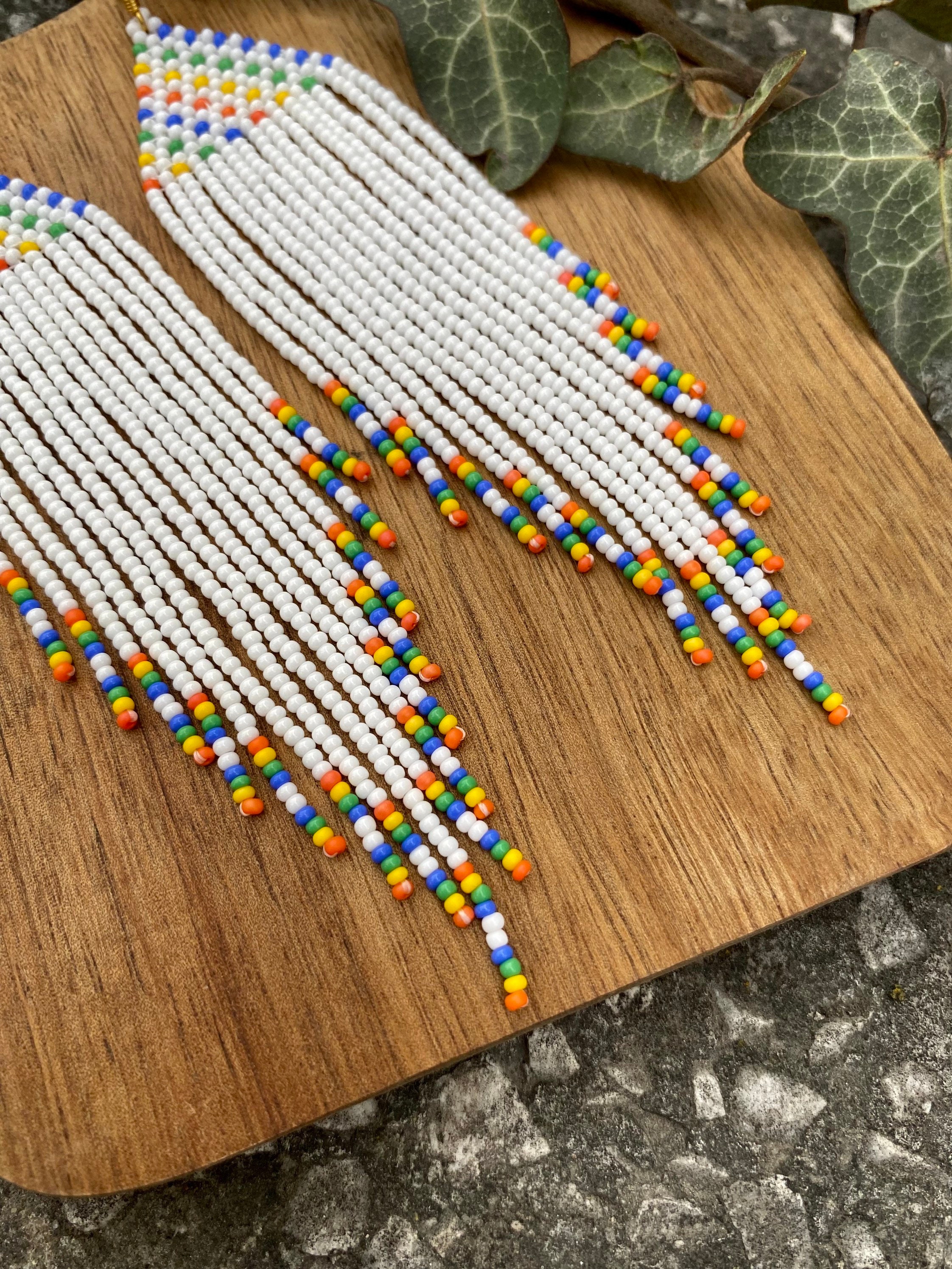 Rainbow Extra Long Beaded Fringe Earrings Seed Bead Earrings Dangle ...