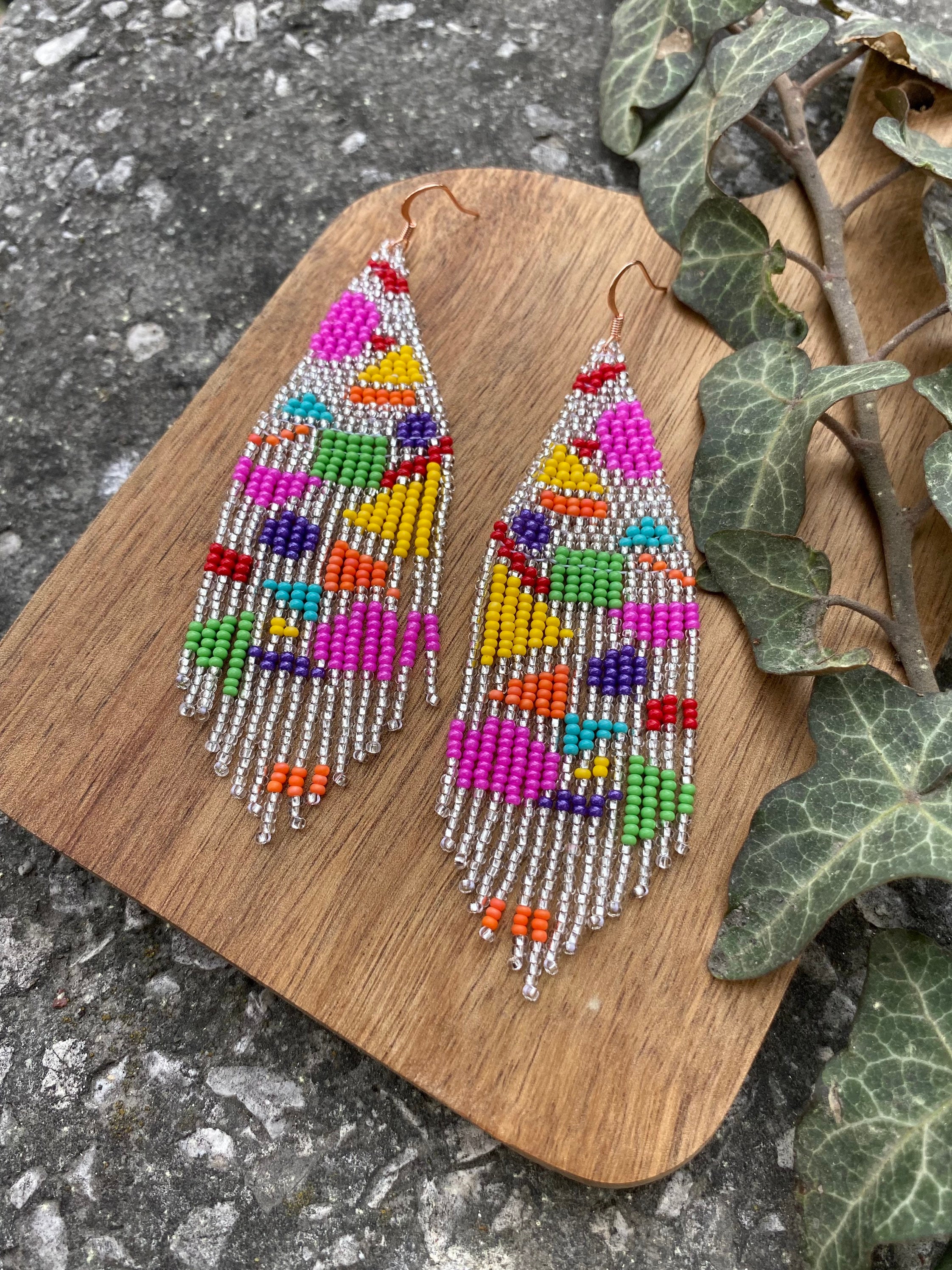 Geometric Handwoven Beaded Earrings Modern Earrings Fringe - Etsy