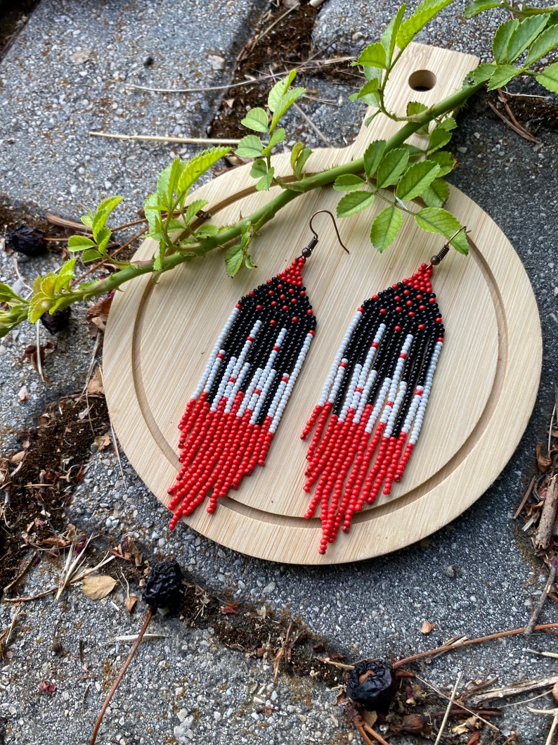 Long red and black beaded earrings, fringe earrings, piano earrings, seed bead earrings, dangle boho earrings, chandelier earrings image 1