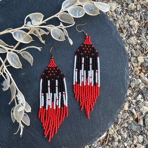 Long red and black beaded earrings, fringe earrings, piano earrings, seed bead earrings, dangle boho earrings, chandelier earrings image 7