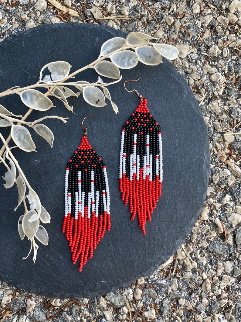 Long red and black beaded earrings, fringe earrings, piano earrings, seed bead earrings, dangle boho earrings, chandelier earrings image 7