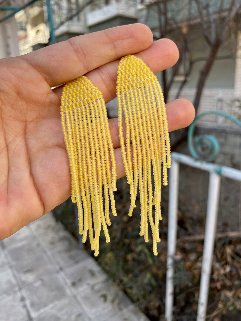 Neon Yellow Long Beaded Earrings Feather Beaded Earrings Etsy