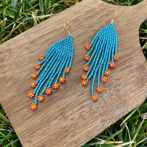 Sky blue beaded earrings Floral Fringe earrings small beaded earrings Seed bead earrings Beadwork dangle Boho earrings image 4