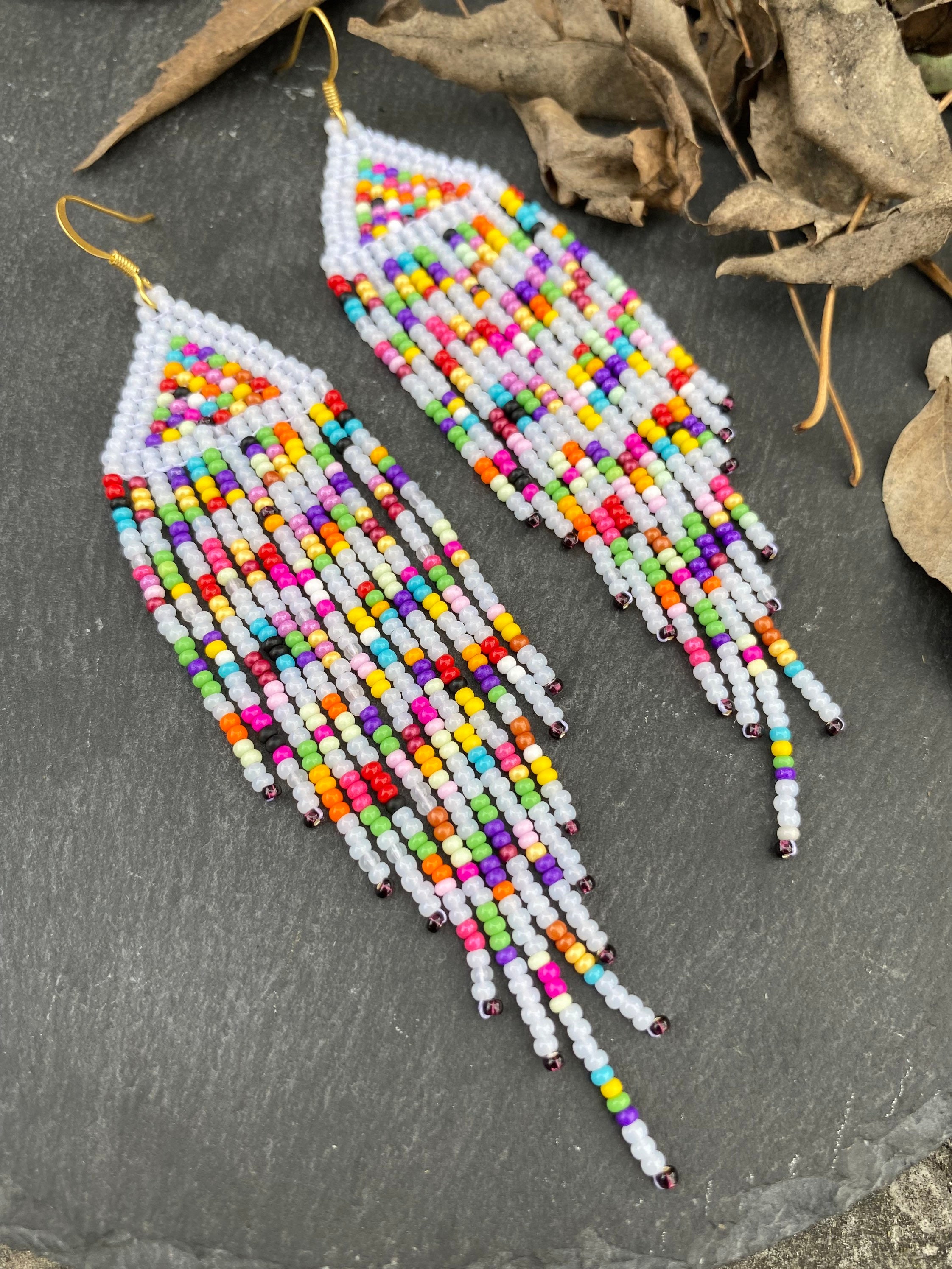 Rainbow Beaded Earrings, Candy Colorful Earrings, Fringe Seed Beaded ...
