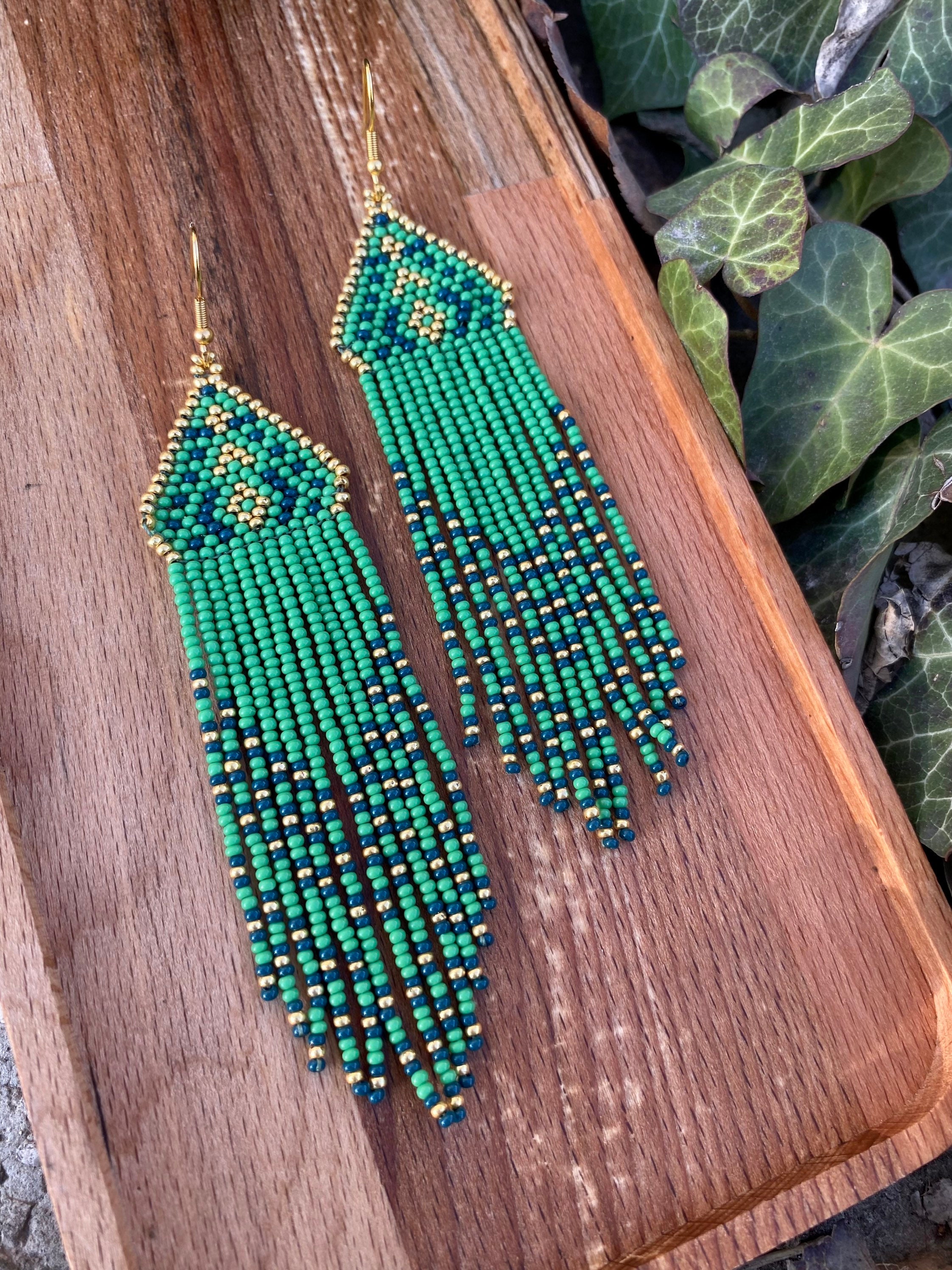 Green Gold Earring Ethnic Beaded Earring Tribal Seed Bead Etsy
