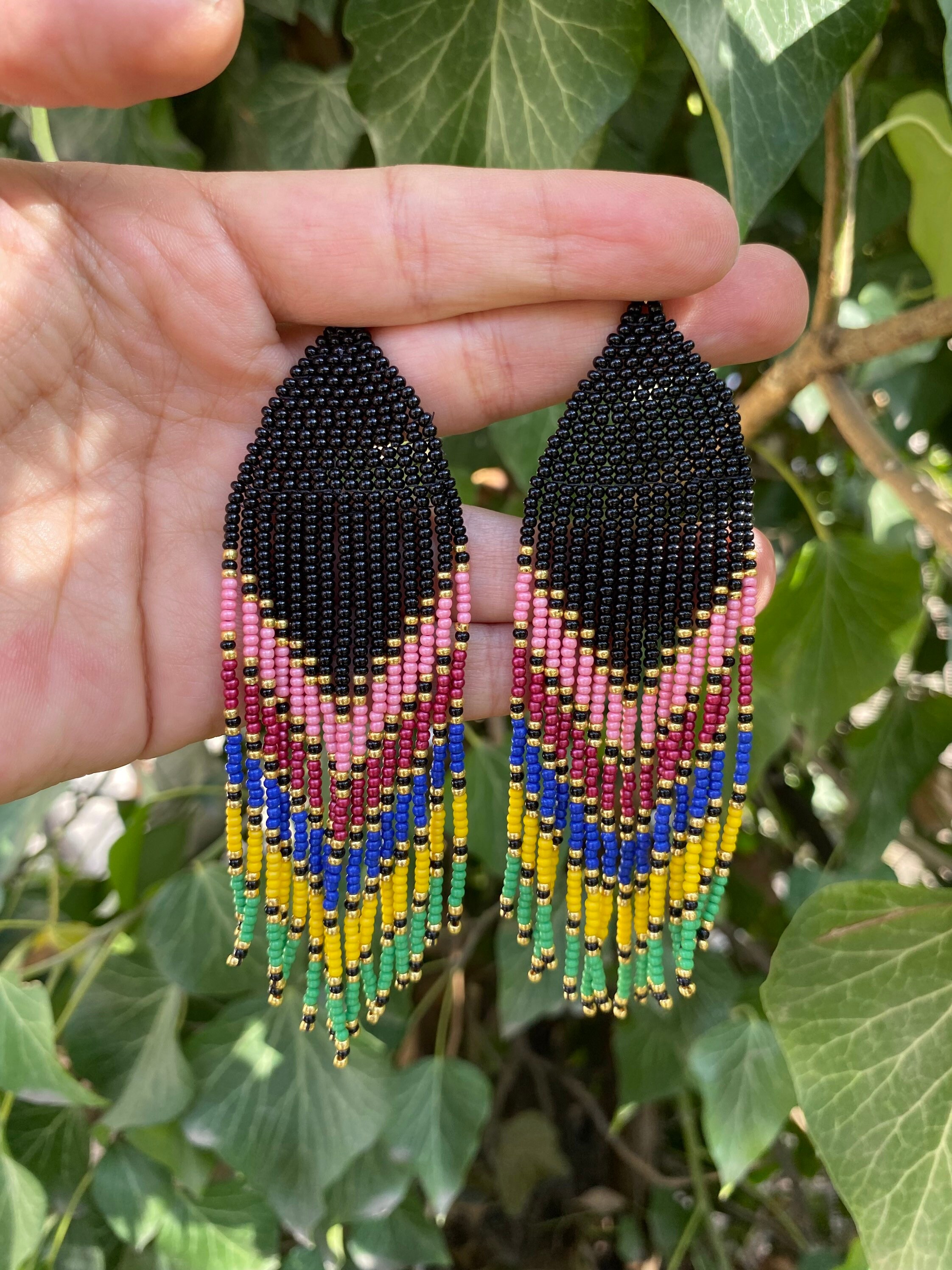 Rainbow Ombre Beaded Fringe Earrings Seed Bead Earrings Dangle Boho ...