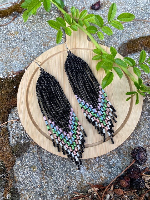Black beaded fringe earrings, soft colors and black earrings, black ombre earrings, black boho earrings, soft colors earrings, black dangle