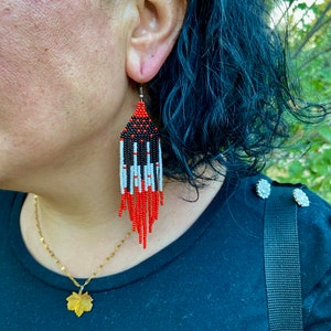 Long red and black beaded earrings, fringe earrings, piano earrings, seed bead earrings, dangle boho earrings, chandelier earrings image 3