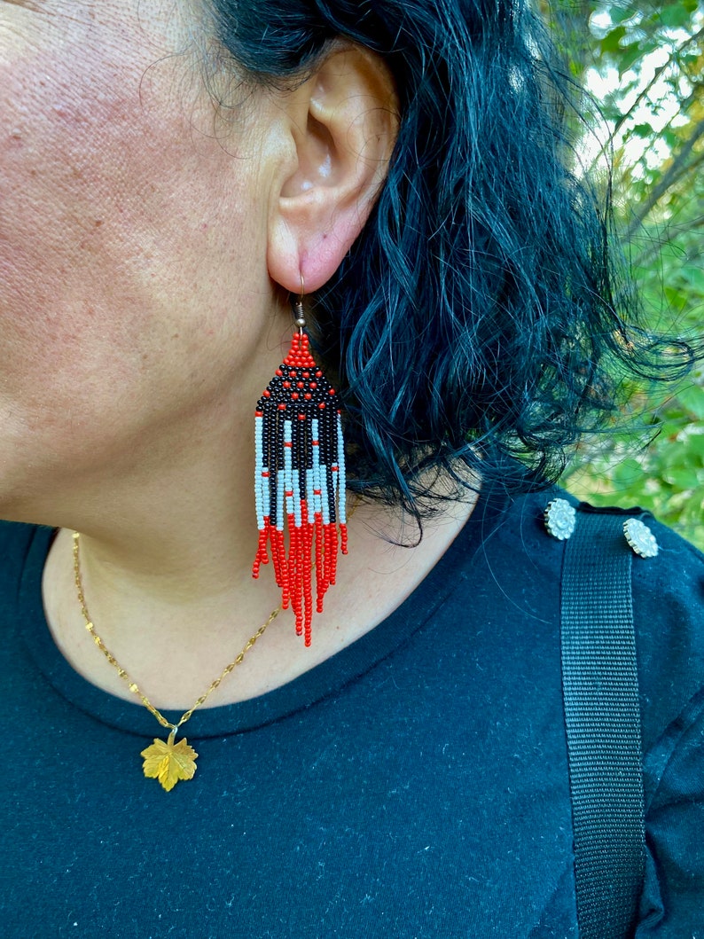 Long red and black beaded earrings, fringe earrings, piano earrings, seed bead earrings, dangle boho earrings, chandelier earrings image 3