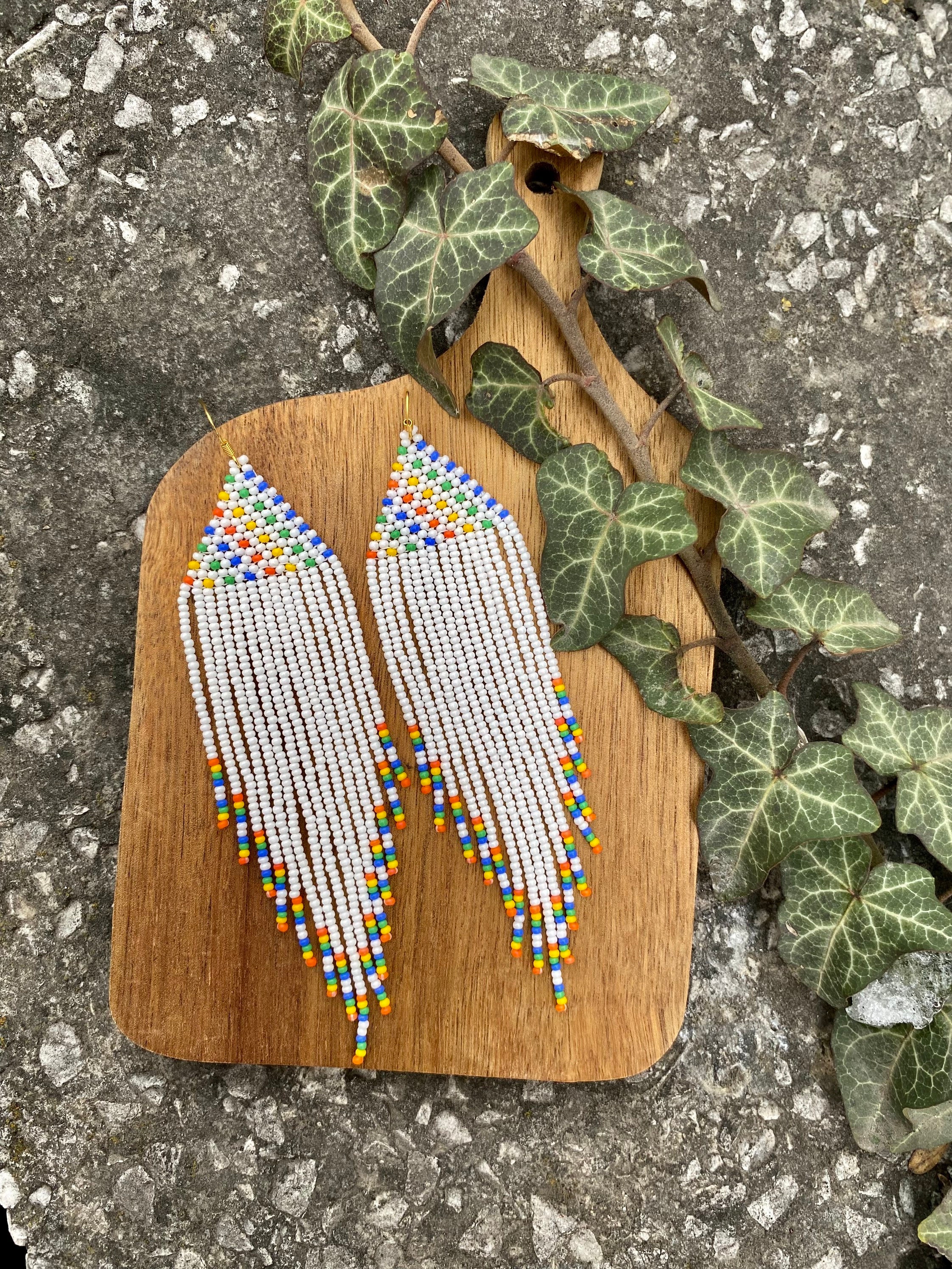 Rainbow Extra Long Beaded Fringe Earrings Seed Bead Earrings Dangle ...