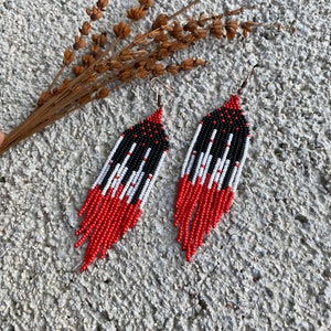 Long red and black beaded earrings, fringe earrings, piano earrings, seed bead earrings, dangle boho earrings, chandelier earrings image 10