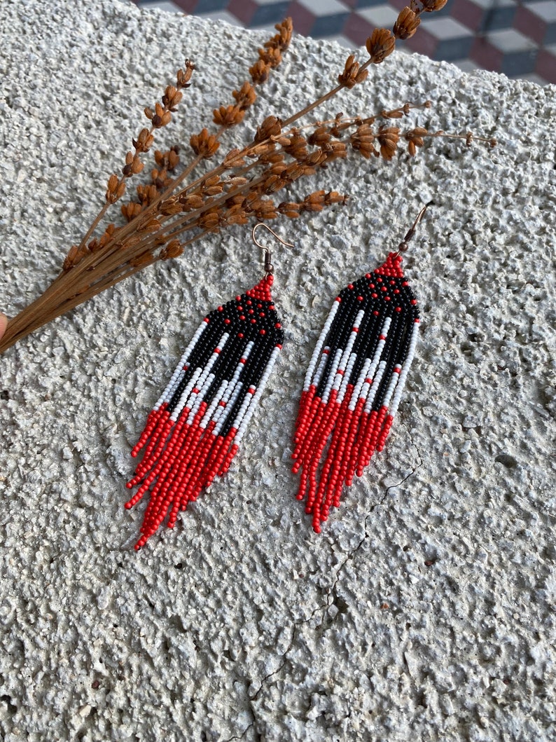 Long red and black beaded earrings, fringe earrings, piano earrings, seed bead earrings, dangle boho earrings, chandelier earrings image 10