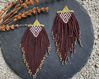 Burgundy gold beaded earrings, long fringe earrings, seed bead earrings, dangle boho earrings, native beaded earrings, chandelier earrings