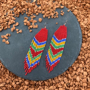 Red Handwoven beaded earrings, long modern earrings, blue orange, fringe earrings, gift for her, beaded jewelry, unique, trendy, colorful