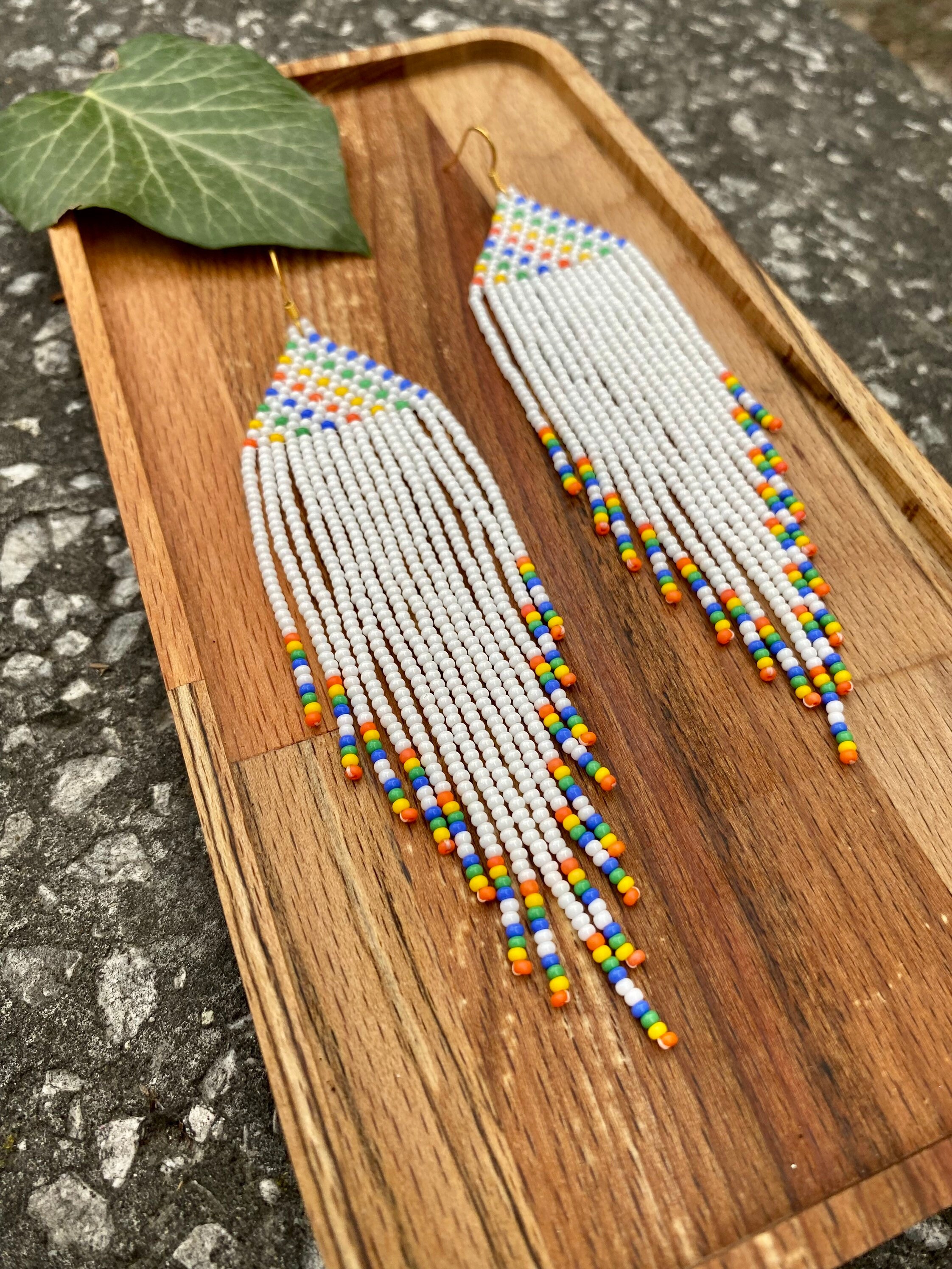 Rainbow Extra Long Beaded Fringe Earrings Seed Bead Earrings Dangle ...