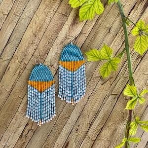 Turquoise white beaded earrings, orange fringe earring,Colorful Fringe Seed bead earring Bright multicolor earring Beadwork dangle Long Boho