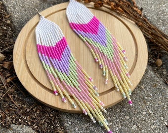 Colorful beaded fringe earrings, colorful long earrings, soft colors fringe earrings, seed bead earrings, boho long earrings, dangle earring