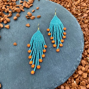 Sky blue beaded earrings Floral Fringe earrings small beaded earrings Seed bead earrings Beadwork dangle Boho earrings image 9