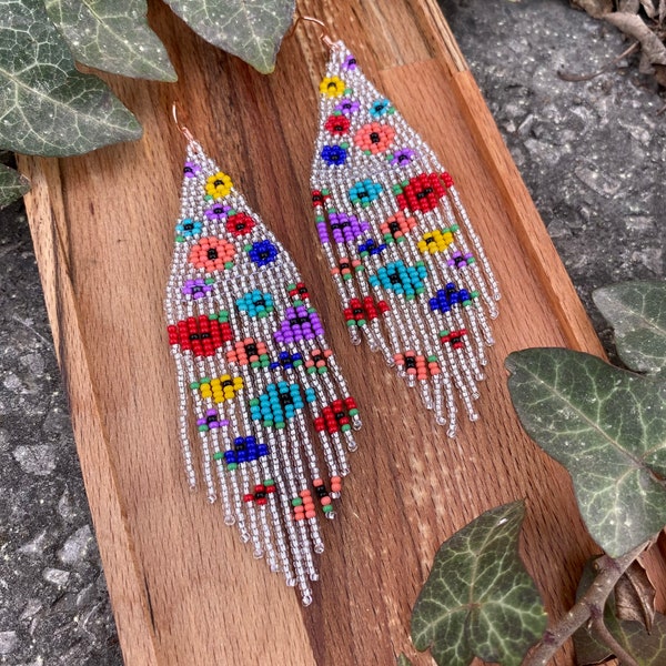 Colorful flowers beaded earringsSummer earrings Floral Long earrings Pink turquoise yellow Seed bead earrings Boho earrings fringe earrings