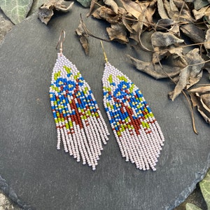 Blue flower bunch beaded fringe earrings seed bead earrings dangle boho earrings chandelier earrings native bead earrings colorful