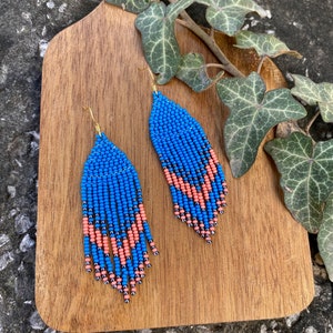 Parliament blue color pastel earrings/Short Dangle earrings/Boho Beaded Earrings/Small Tassel earrings, Feather earrings, Ombre earrings