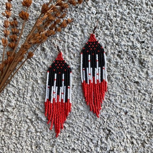 Long red and black beaded earrings, fringe earrings, piano earrings, seed bead earrings, dangle boho earrings, chandelier earrings image 6