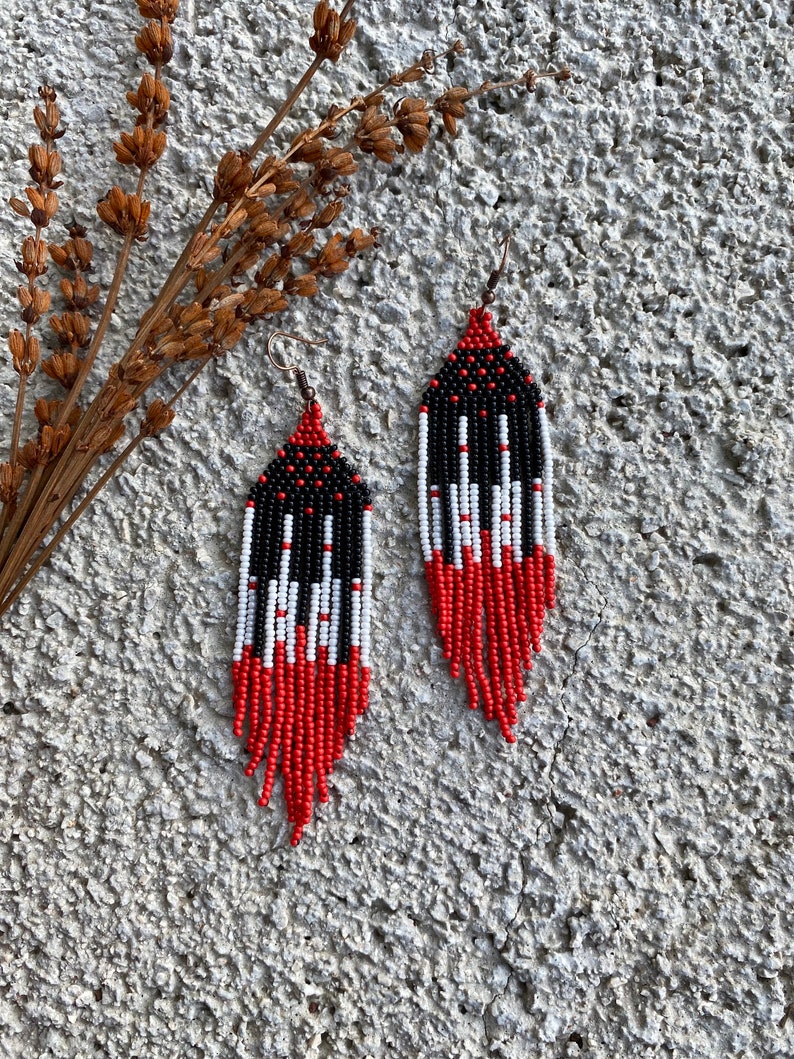 Long red and black beaded earrings, fringe earrings, piano earrings, seed bead earrings, dangle boho earrings, chandelier earrings image 6