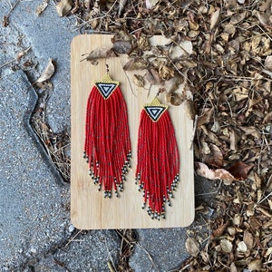 Red beaded fringe earrings, extra long fringe earrings, seed bead earrings, indigenous earrings, native beaded earrings  colorful statement