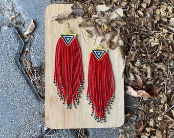 Extra long red beaded fringe earrings, seed bead earrings dangle boho earrings native beaded earrings chandelier earrings colorful earrings
