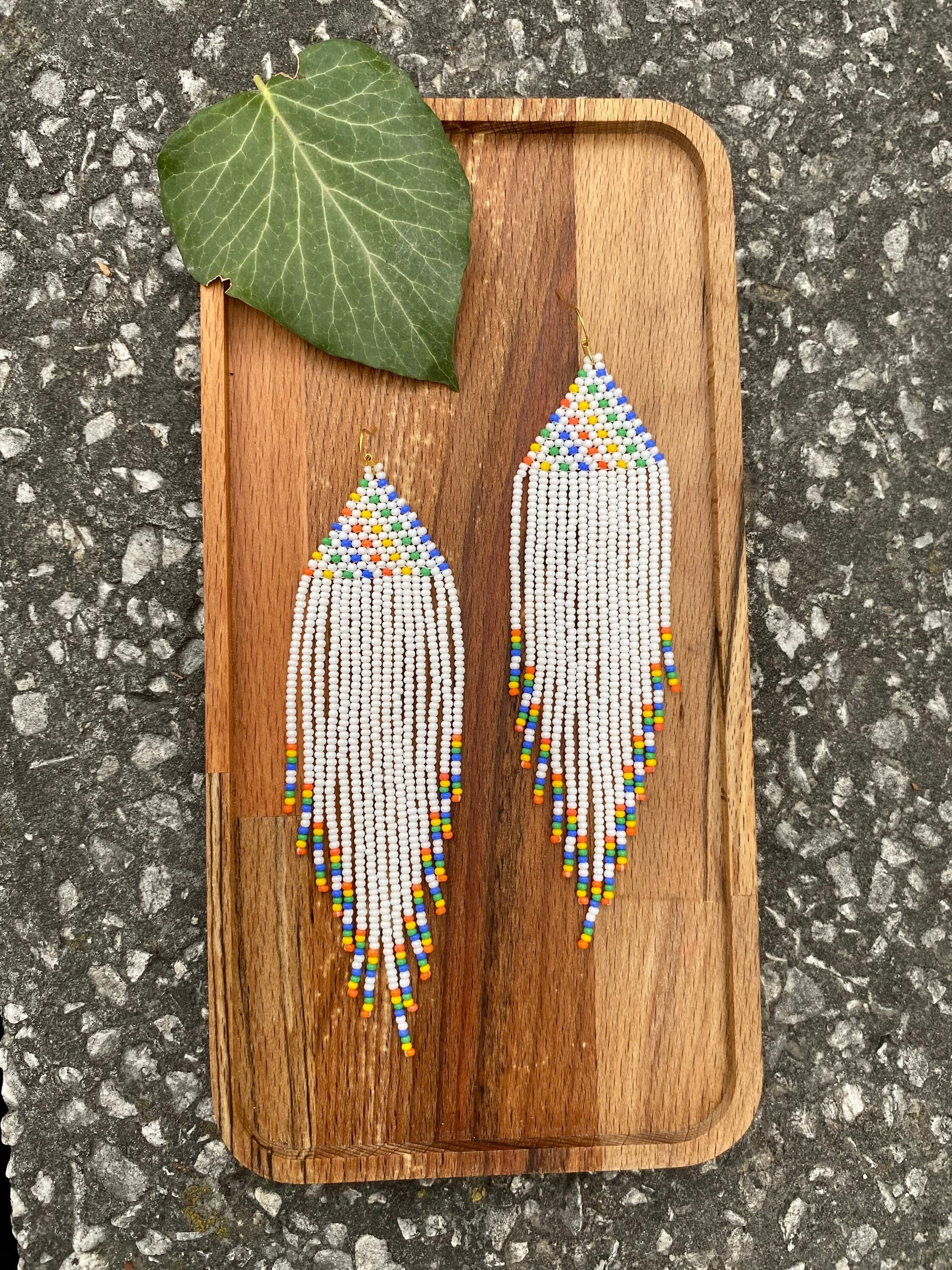 Rainbow Extra Long Beaded Fringe Earrings Seed Bead Earrings Dangle ...