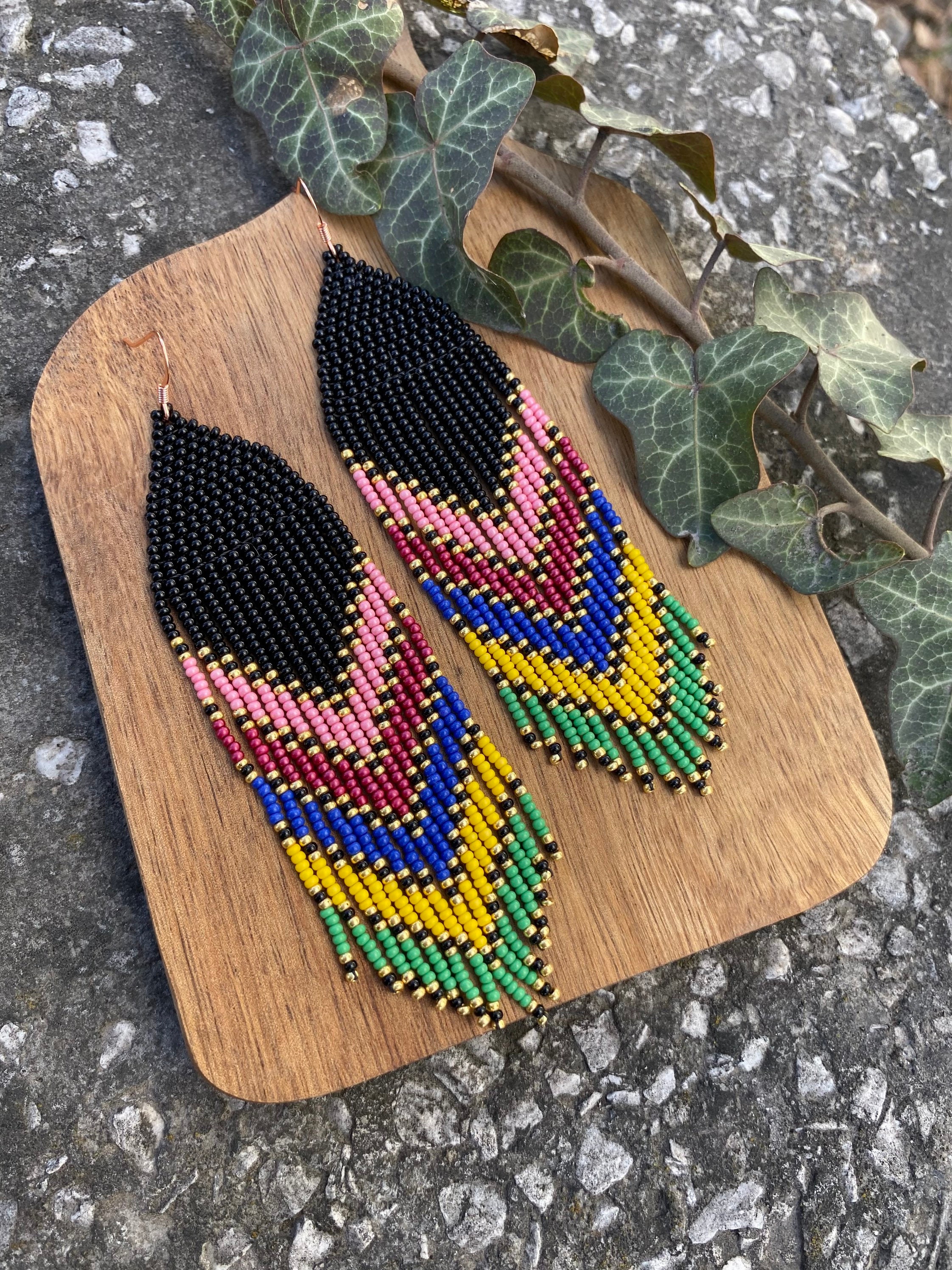 Rainbow Ombre Beaded Fringe Earrings Seed Bead Earrings Dangle Boho ...