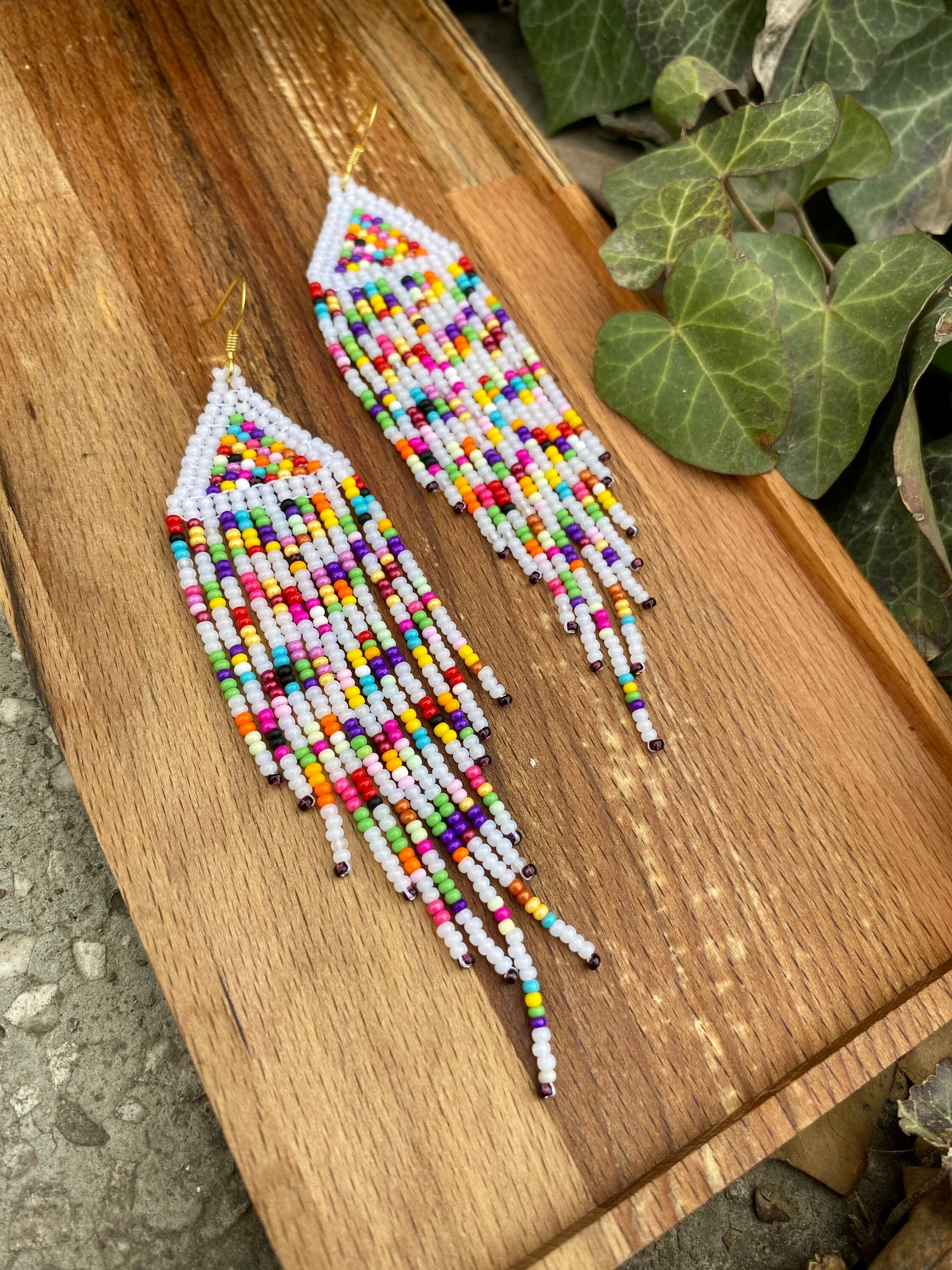 Rainbow Beaded Earrings, Candy Colorful Earrings, Fringe Seed Beaded ...