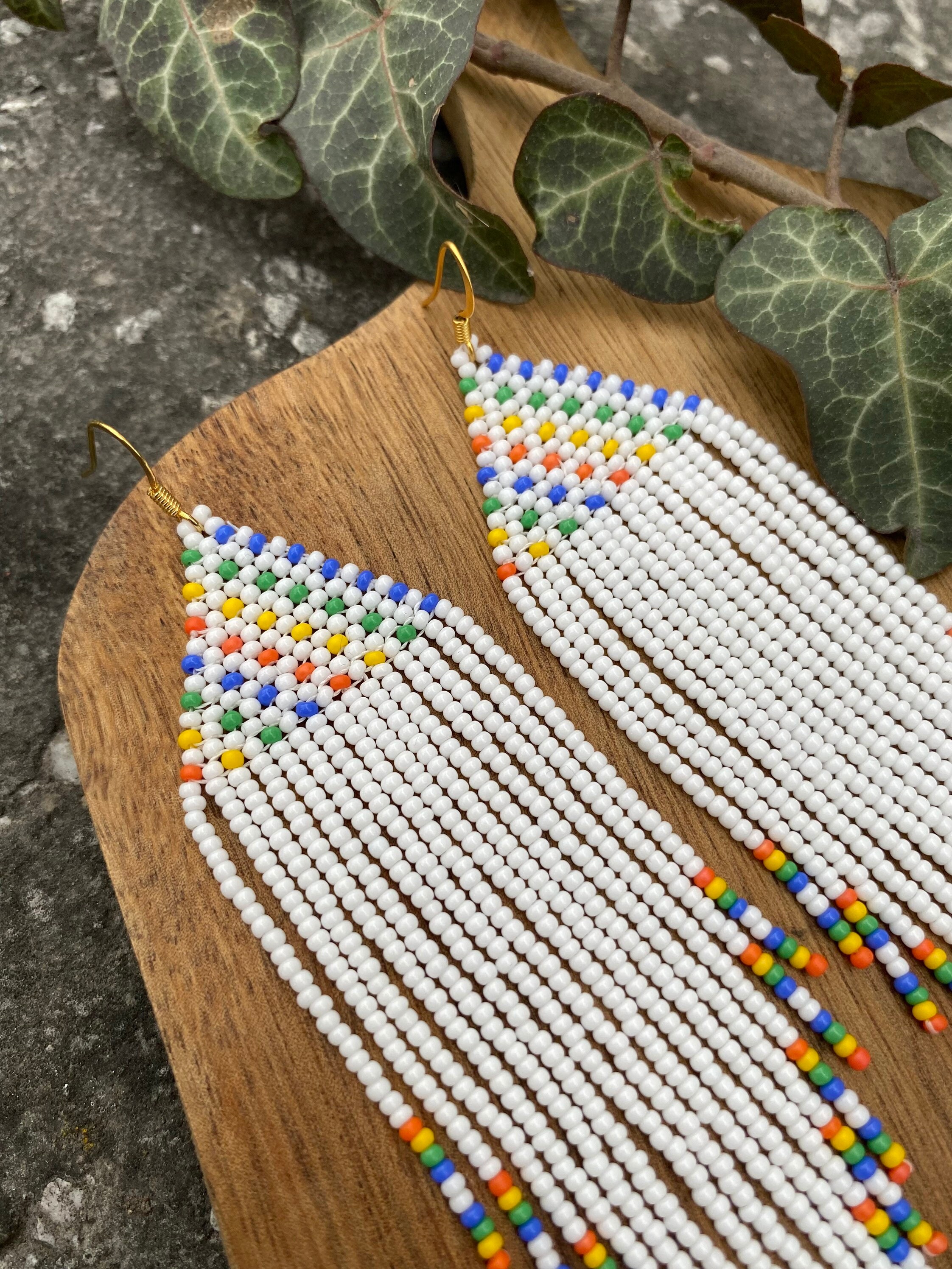 Rainbow Extra Long Beaded Fringe Earrings Seed Bead Earrings Dangle ...