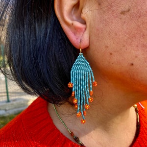 Sky blue beaded earrings Floral Fringe earrings small beaded earrings Seed bead earrings Beadwork dangle Boho earrings image 2