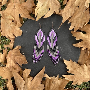 Purple black beaded earrings, Long fringe earrings, Seed bead earrings,Dangle earrings, chandelier earrings, Boho earrings, Beadwork earring