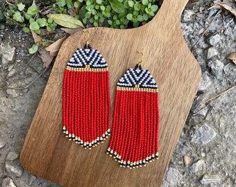 Long red beaded fringe earrings, seed bead earrings dangle boho earrings native beaded earrings chandelier earrings colorful earrings