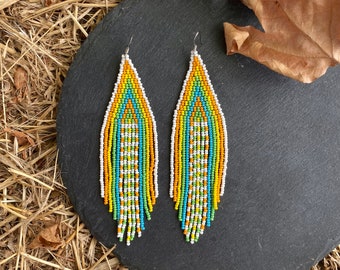 Rainbow beaded earrings Fringe seed bead earrings Multicolor earrings Dangle bead earrings Boho Chic earrings Ethnic earrings Gift for her