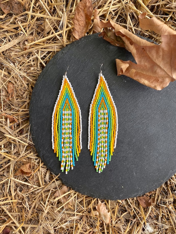 Rainbow beaded earrings Fringe seed bead earrings Multicolor earrings Dangle bead earrings Boho Chic earrings Ethnic earrings Gift for her