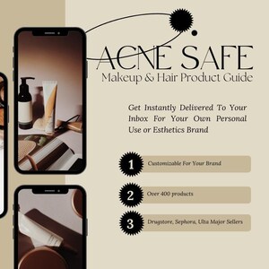 Peut inclure: L'écran d'un téléphone affichant un guide de produits de maquillage et de soins capillaires sans acné. Le guide comprend des informations sur la possibilité de personnaliser les produits pour votre marque, plus de 400 produits disponibles et des revendeurs majeurs comme Drugstore, Sephora et Ulta.
