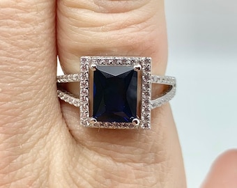 Sapphire Ring | 925 Sterling Silver | Blue Sapphire | Radiant Cut |  Engagement | Ladies |  Diamond Halo | Split Band