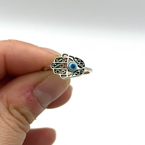 Hamsa onda ögat | Hamsa ring | Stenringar | Unika ringar | Storlek 7 ringar | 925 sterlingsilver | Pärlemor | Naturring | Boho ring