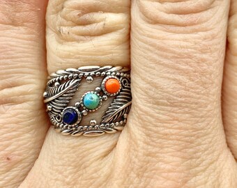 Multi stone feather ring. Turquoise rings. Black agate ring. Thumb rings. Western rings. Carnelian ring. Multi stone ring. Sterling Silver.