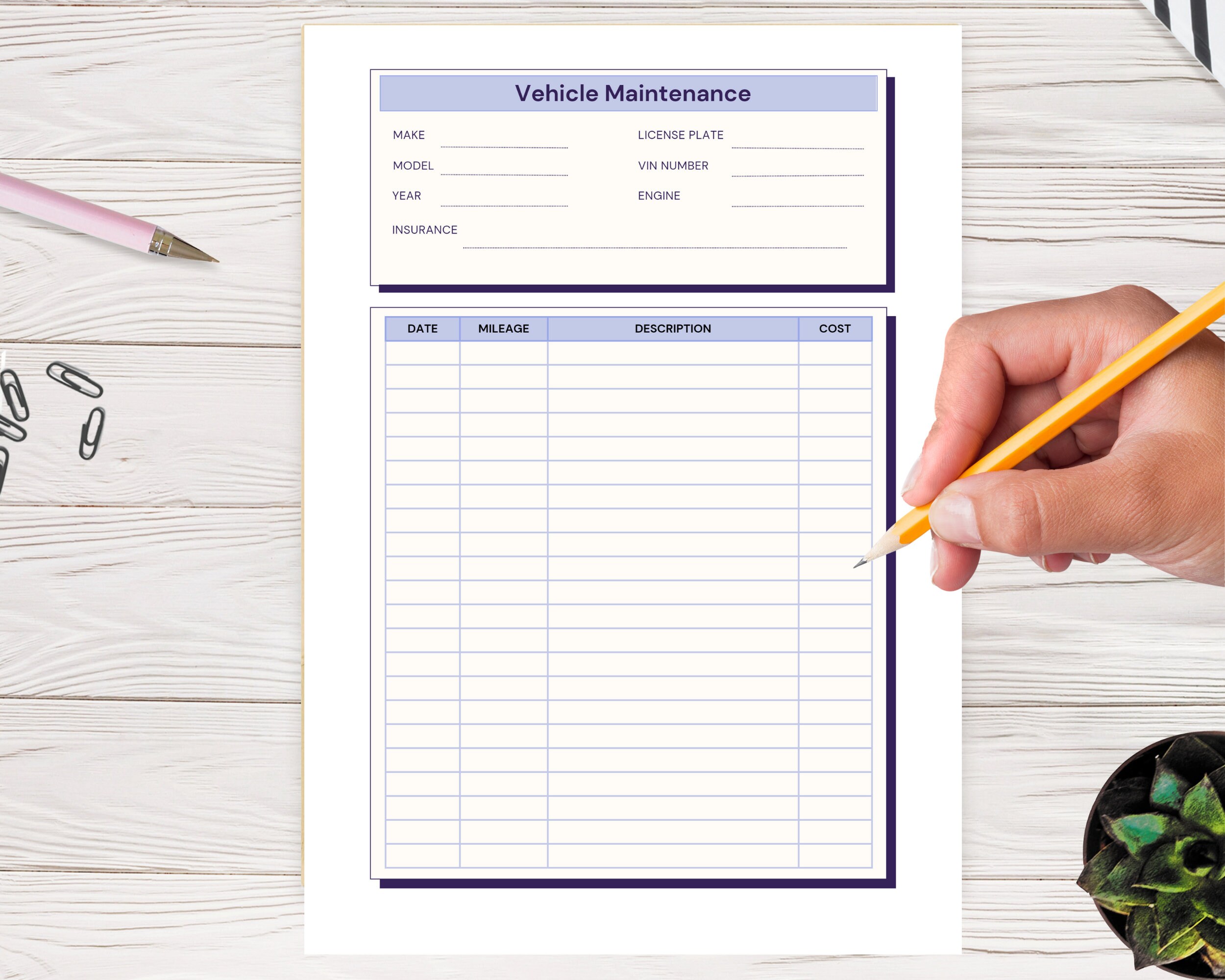 Vehicle Maintenance Log Printable, Car Maintenance, Vehicle Repair Log ...